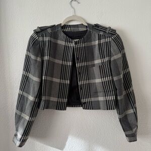 Vintage 80s Wool Plaid Black and Gray Women's Crop‎ Jacket Button Front Size 6